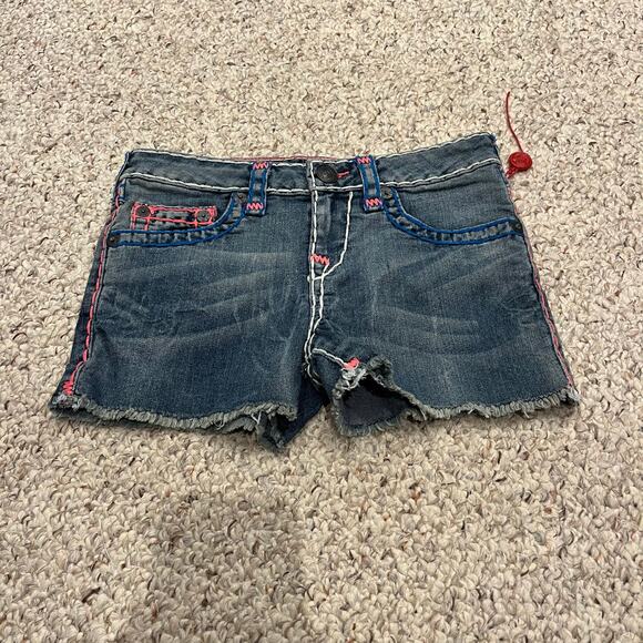 NWOT True Religion Joey Super T Jean Shorts Girls Sz 8 Denim Embroidered Y2K - Picture 1 of 7